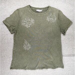 Blue B Collection Olive Green Mineral Wash Western Embroidered‎ T-Shirt Medium